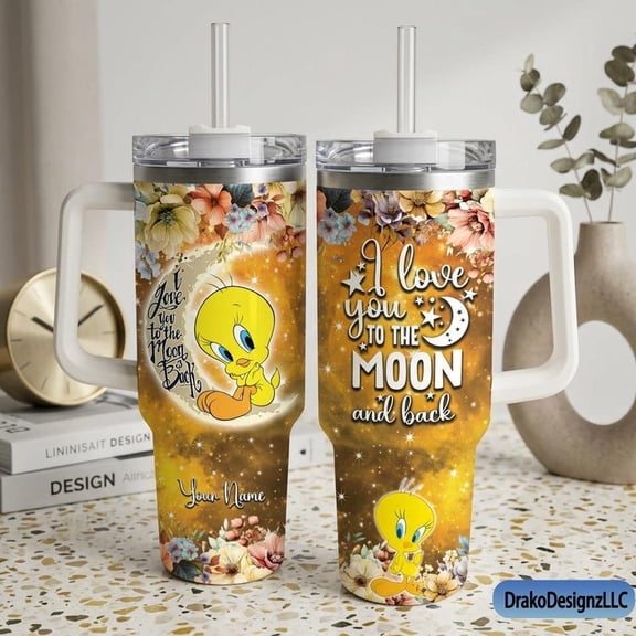 Tweety Bird 40oz Tumbler with Handle & Straw - I Love You to the Moon and Back Looney Tunes Tumbler - Floral Moon Night Sky Tweety Insulated Cup