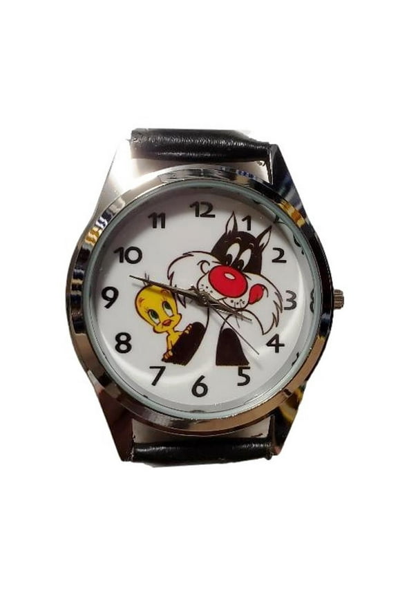 Tweety Bird And Sylvester Cartoon Characters Black Leather Band Wrist Watch