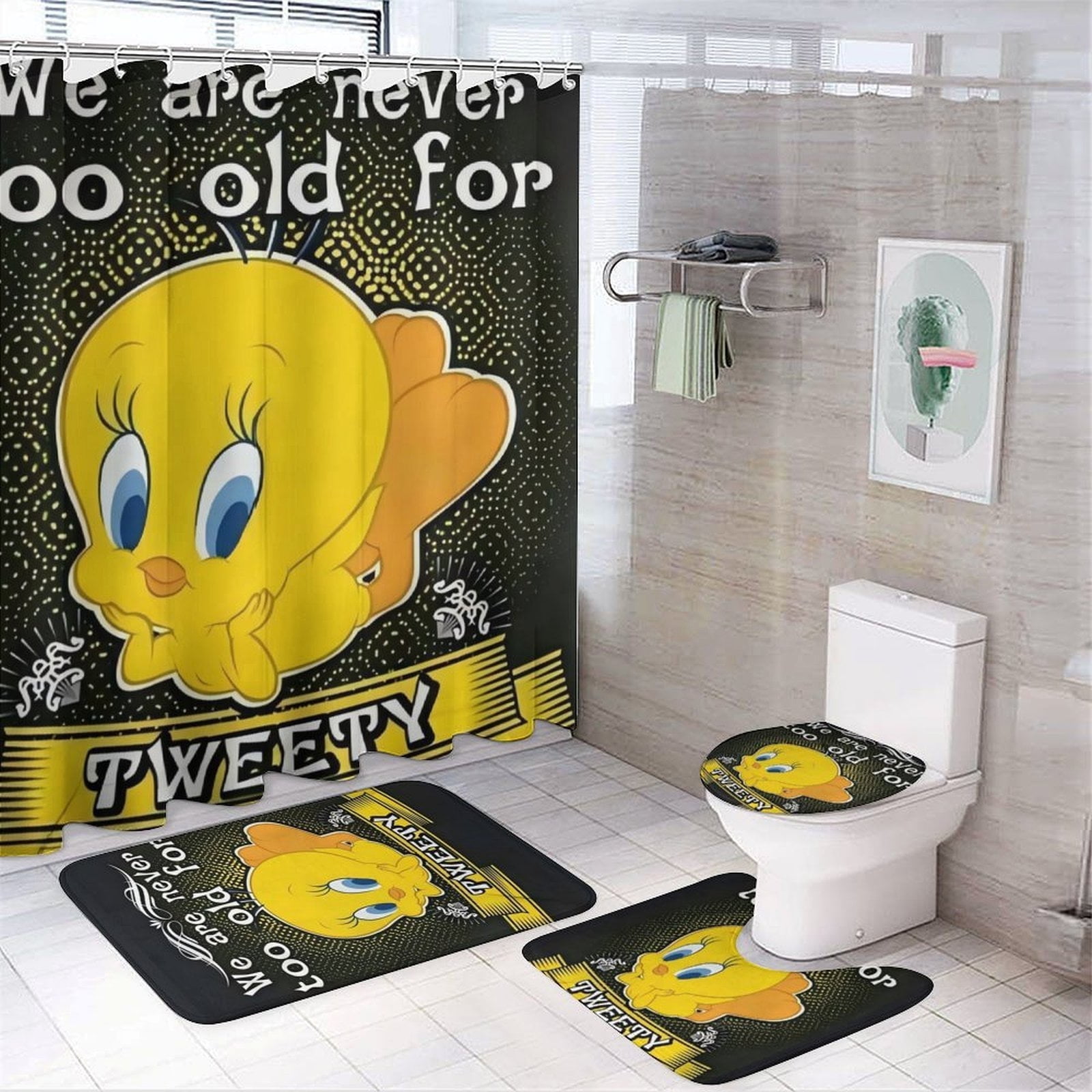 Tweety Bird Anime Shower Curtain 4 Piece Set with Carpet and Toilet Cover Waterproof Shower Curtain Bathroom Decoration 72 x 72inch
