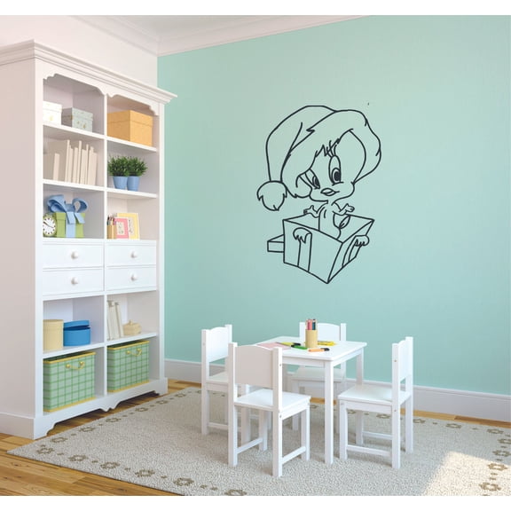 Tweety Bird Christmas Gift Holiday Santa Hat Cartoon Wall Sticker Art Decal for Girls Boys Room Bedroom Nursery Kindergarten House Fun Home Decor Stickers Wall Art Vinyl Decoration Size (40x35 inch)