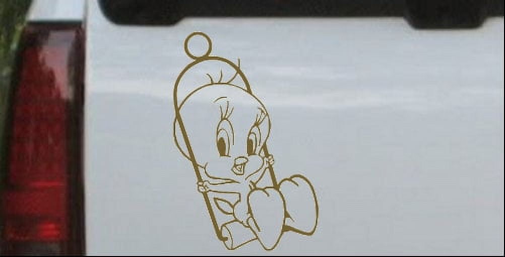 Tweety Bird On Swing Car or Truck Window Laptop Decal Sticker Gold 4in