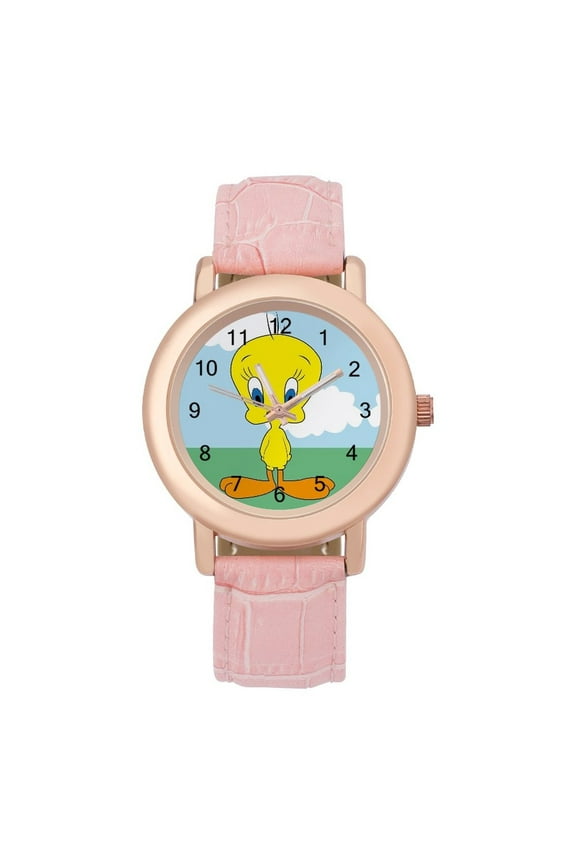 TweetyBird Watch Ladies Classic Simple Pink Leather Wrist Watches Round Printed Dial
