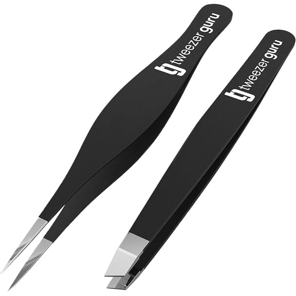 Tweezer Guru Ingrown Hair Tweezers - Pointed Precision for Eyebrows & Removal Blackhead and Splinter with Sharp Needle Nose Point (2 Piece Set, Black (Point+Slant))