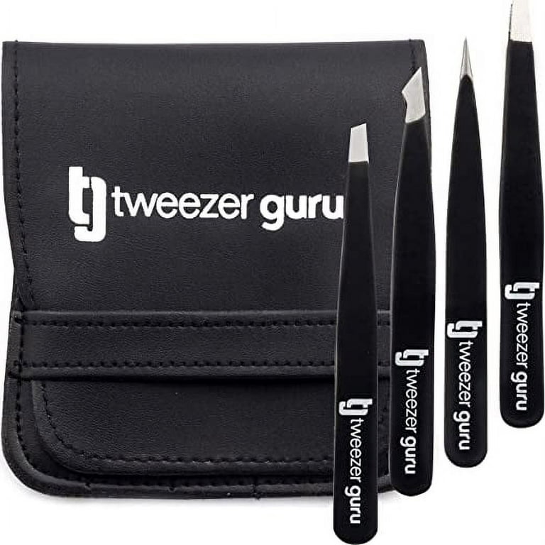 Tweezers Set 4-Piece -Tweezer Guru Stainless Steel Slant Tip and Pointed Eyebrow