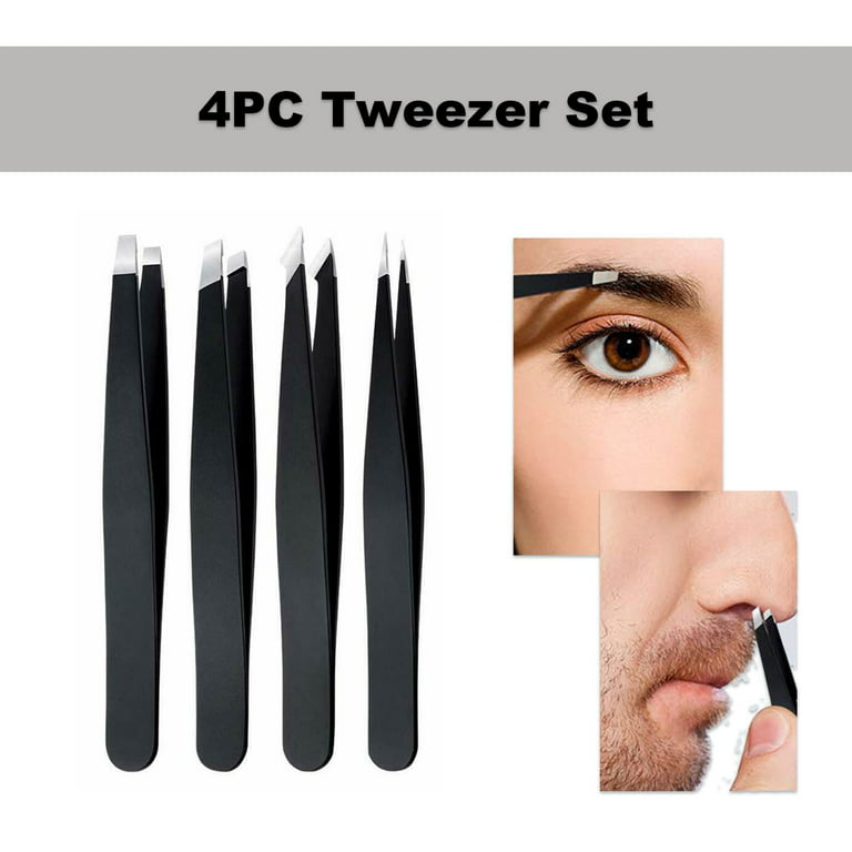 Tweezer Set,Ingrown Hair Eyebrow Tweezers for Women Men, Santed Stainless  Steel Tweezers Set Precision 4PCS with Leather Package,Black