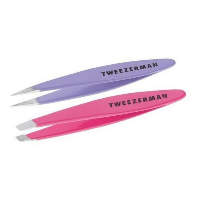 Tweezerman Mini Oval Slant And Point Tweezer Combo, Purple Pink
