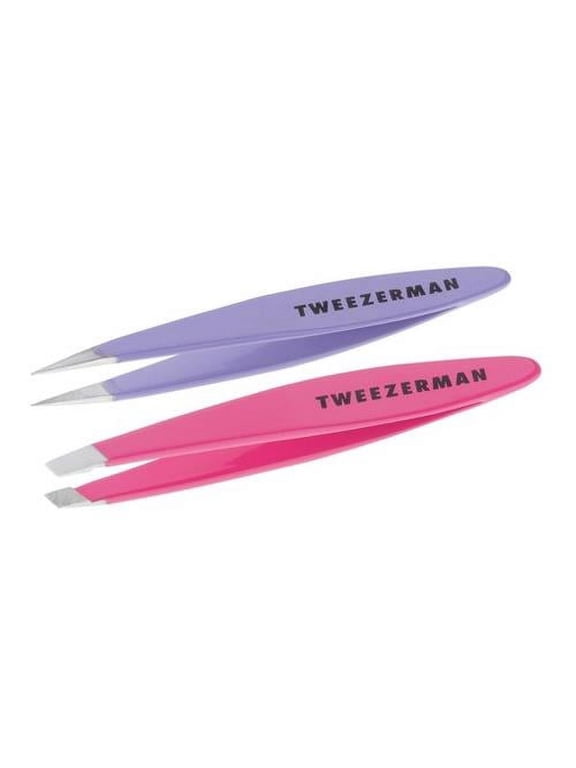 Mini Oval Slant and Point Tweezer Combo, Stainless Steel, Purple Pink