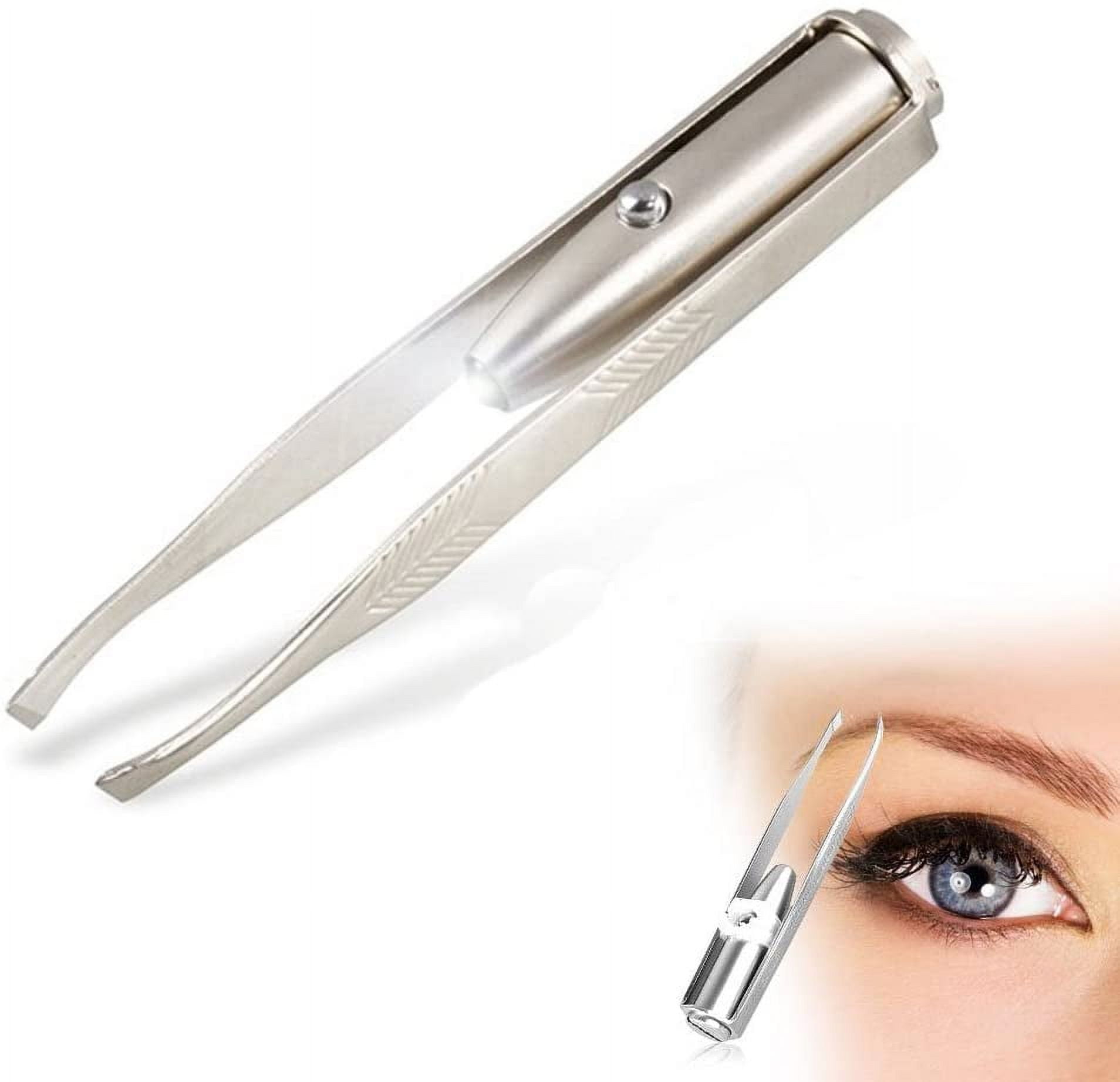 Tweezers with LED Light. Eyebrow and Eyelash Hair Removal Tool. Pluck & Trim Unwanted Hairs. Illuminate Dark Areas with Bright Lighting for Better Accuracy & Precision, Stainless Steel.