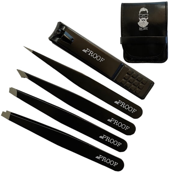 Tweezers & Nail Clipper 5 Piece Set - Professional Carbon Steel Slanted Tip and Pointed, Great Precision Tweezers with Tool Pouch (Black)(5-Pack)