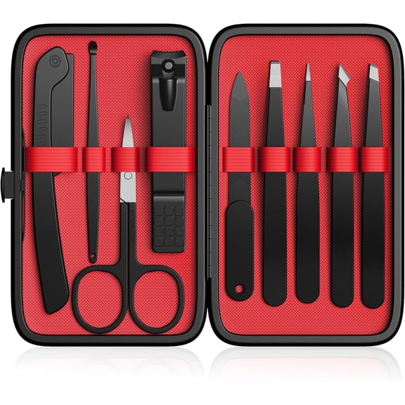 Tweezers and Nail Clippers Set 9 Pcs Precision Tweezers Kit-Stainless Steel Eyebrow Plucker with Curved Scissor and Eyebrow Razor for Daily Beauty Tools with Leather CaseBlack/Red