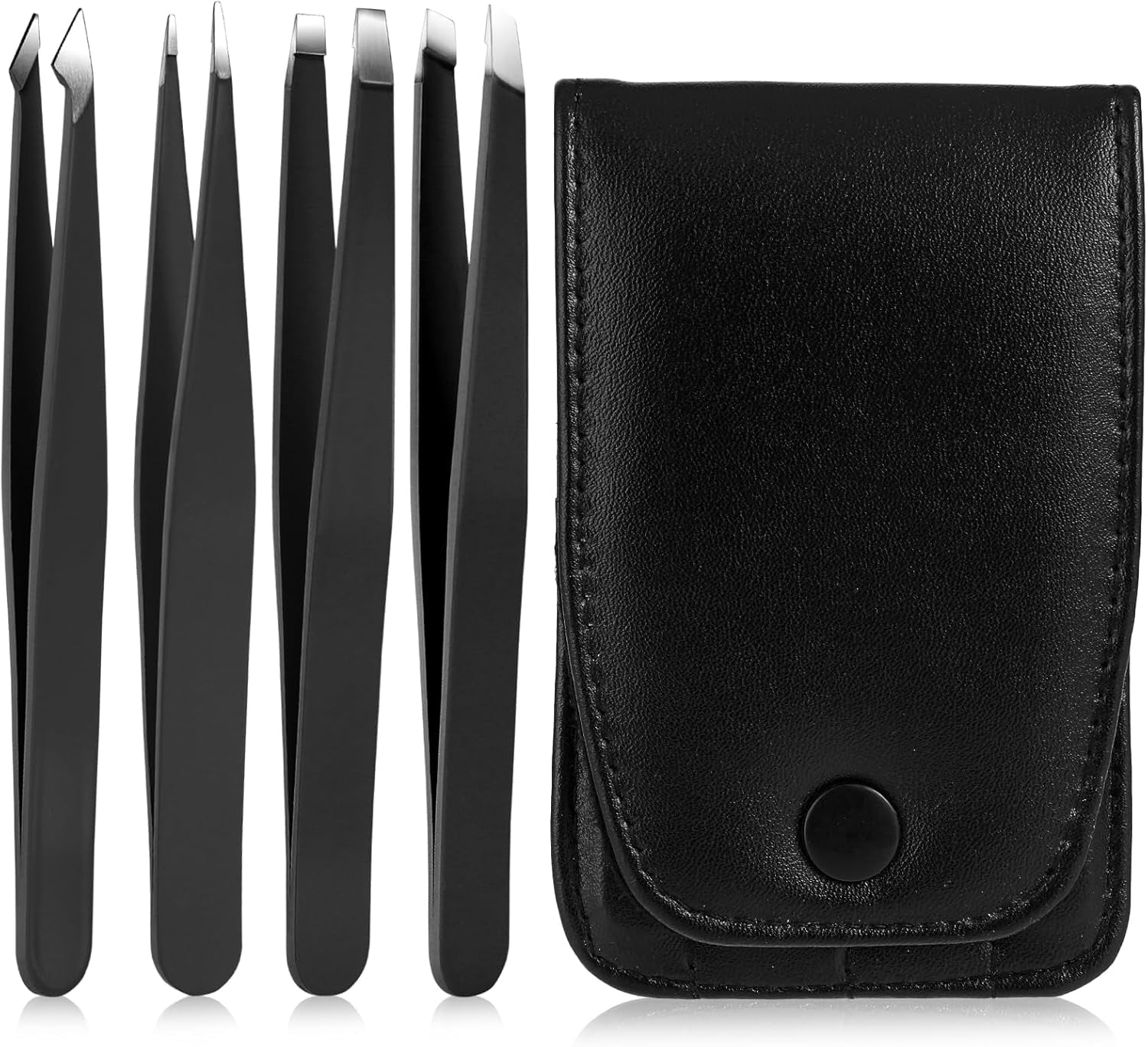 Tweezers Set, 4 Pcs Professional Stainless Steel Tweezers for Eyebrows Stainless Steel Tweezers Hair Removal Tweezers for Facial Hair, Eyelash, Eyebrow or Ingrown Hair, with Travel Case, Black