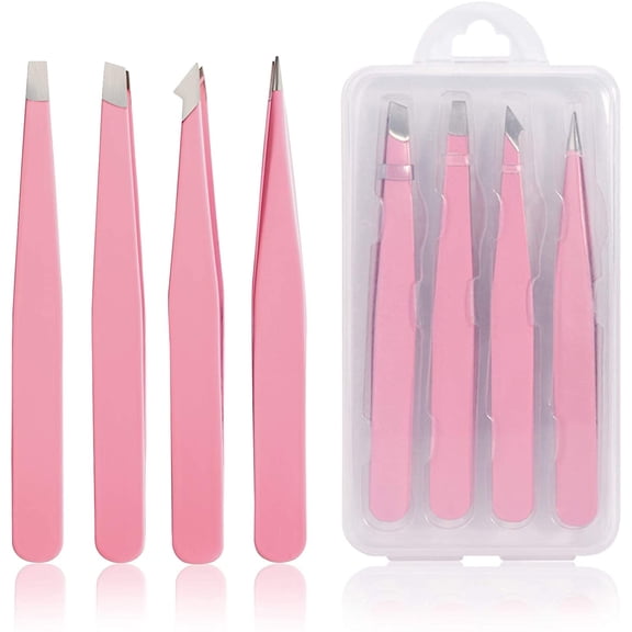 Tweezers Set 4-piece, Professional Stainless Steel Tweezers, Precision Tweezers for Eyebrows, Facial Hair, Ingrown Hair, Splinter, Blackhead and Tick Remover (PINK)