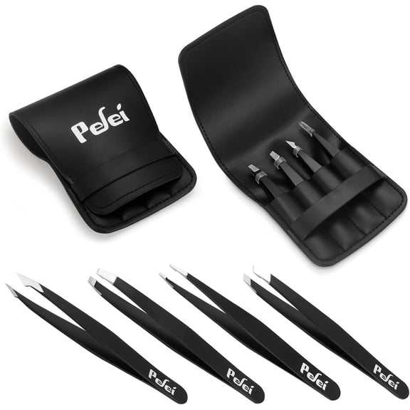 Tweezers Set - Professional Stainless Steel Tweezers for Eyebrows - Great Precision for Facial Hair, Splinter and Ingrown Hair Removal (Black)