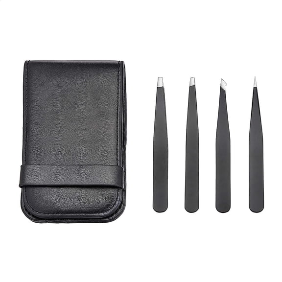 Tweezers for Facial Hair, Eyebrows, Eyelashes - Set of 4, Professional Stainless Steel Travel Case, Black Black