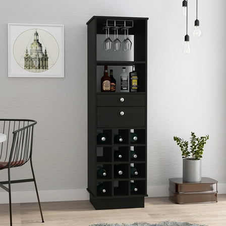 Twelve Built-in Wine Rack Bar Cabinet, Black, Two Drawers, 18.3 In. D, 62.72 H, 16.04 W, 81.37 Lb Weight Drawers Classic Cabinet With - 18.3in D X 16.04in W 62.72in H