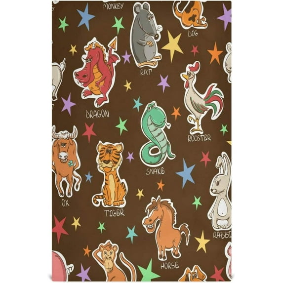 Twelve Chinese Zodiac Animals Signs Dish Towels 4 Pack, Colorful Stars Washable Tea Towels Dishcloths Lint-Free 18x28 Inch Fast Drying for Kitchen Restaurant Bar Clean