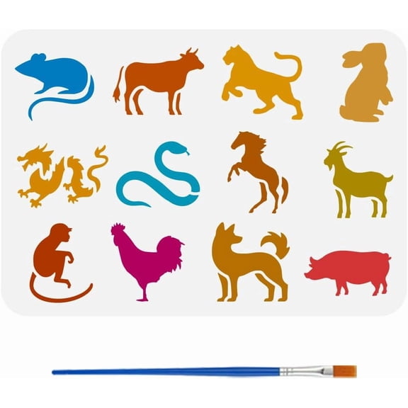 Twelve Chinese Zodiac Signs Stencil with Brush 11.7x8.3Inch Reusable Animal Silhouette Rat Ox Tiger Dragon Stencil Snake Horse Template Oriental Theme Template for DIY
