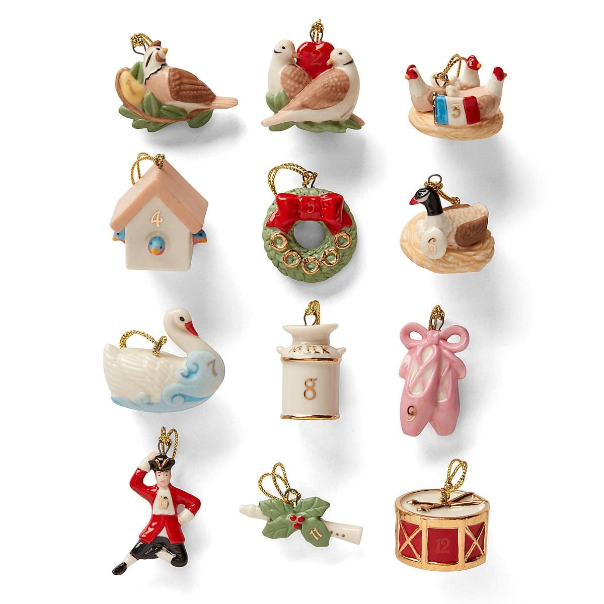 Twelve Days of Christmas Porcelain Ornament Set with Gold Tassels