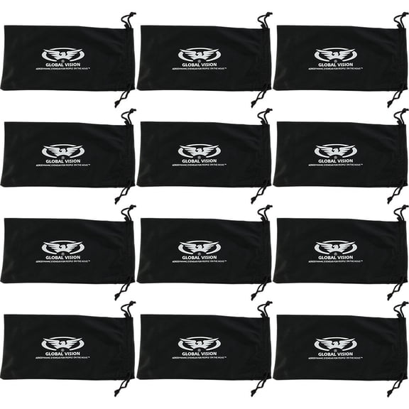 Global Vision 12 Large Black 4 1/4" x 8 1/2" Micro-Fiber Bags for Sunglasses Goggles Cell Phone Carrying Pouch Case Sleeve.