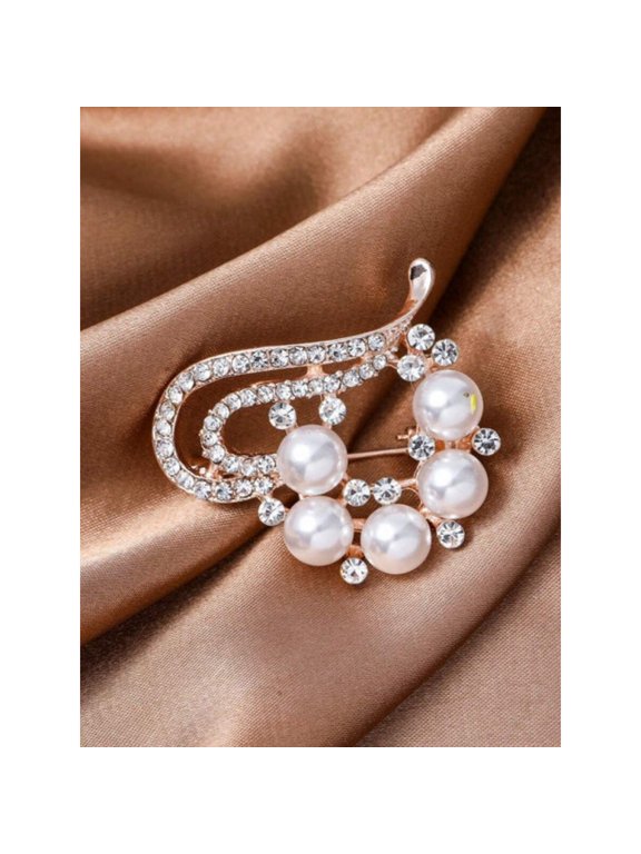 Twelve Womens Faux Pearl & Rhinestone Swirl Brooch, Rose Goldtone Pin For Scarf, Lapel Or Wrist Corsage
