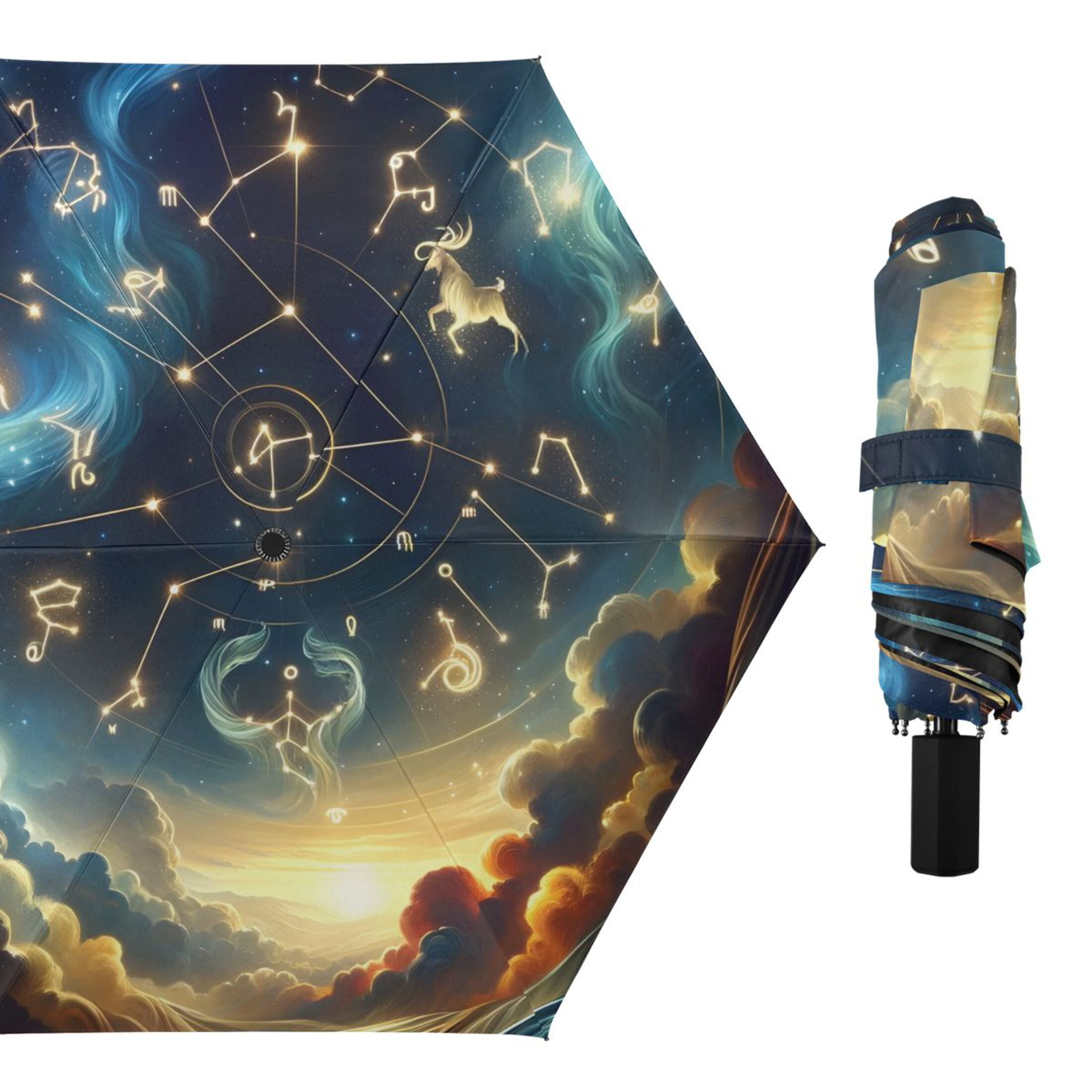 Twelve Zodiac Stars in Night Sky Compact Sun Umbrella Windproof Travel Umbrellas for Rain Strong Portable UV Protection