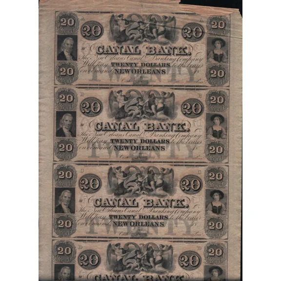 Twenty Dollar Sheet of Four Uncut Canal Bank Currency Notes New Orleans
