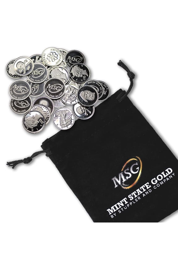 Twenty-Five (25) One Gram .999 Pure Silver Rounds with Random Designs in a Jewelry Pouch by Mint State Gold