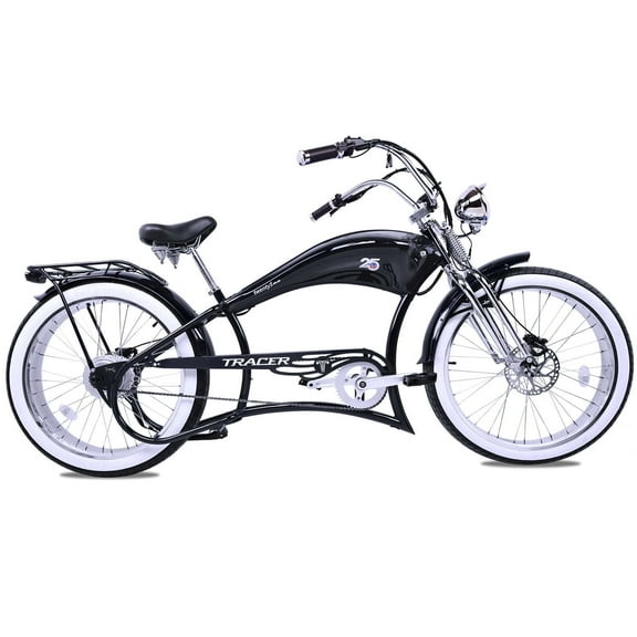 Tracer Twenty5 DS Chopper Stretch Cruiser E-bike, 26" Wheels, 800W Motor, Dual Spring Front Fork, 5 levels of pedal assist, Disc Brake, for Men, Black