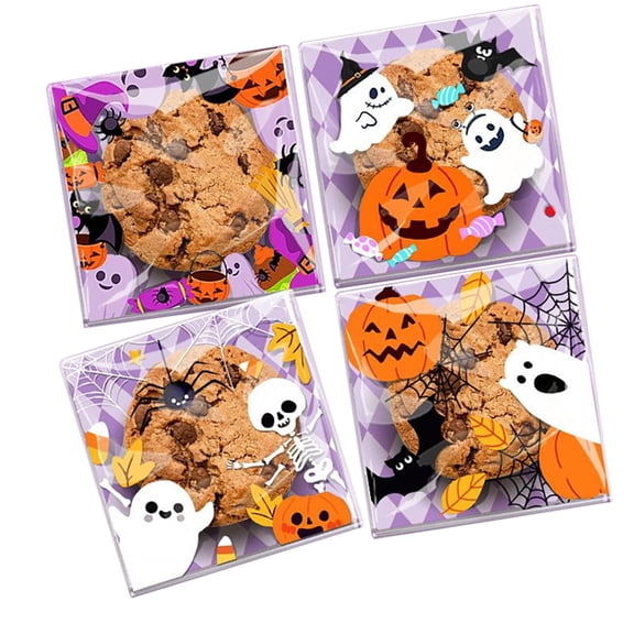 Twfbrm 100Pcs Halloween Candy Bags, Self-Adhesive Clear Cellophane Treat Bags with 4 Designs Halloween Pattern, BPA-Free Food Grade Plastic Cookie Goodie Bags for Halloween Party Favors Supplies