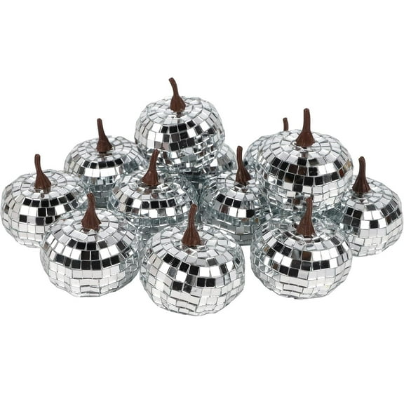Twfbrm 12 Pcs Artificial Disco Pumpkins, 1.7" Silver Glitter Mirror Pumpkin Models, Farmhouse Reflective Pumpkin Table Centerpiece Halloween Thanksgiving Fall Decorations for Home Tiered Tray Mantel