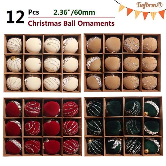 Twfbrm 12 Pcs Christmas Tree Ball Ornaments Set, 2.36" Shatterproof Flocked Decorative Ball with Sequins, Glitter Xmas Tree Hanging Baubles Christmas Decorations for Party Wedding Holiday
