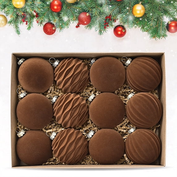 Twfbrm 12 Pcs Velvet Christmas Balls Ornaments, 2.36" Flocked Decorative Ball Pendants, 4 Style Shatterproof Christmas Tree Hanging Baubles Christmas Decorations for Party Wedding Holiday