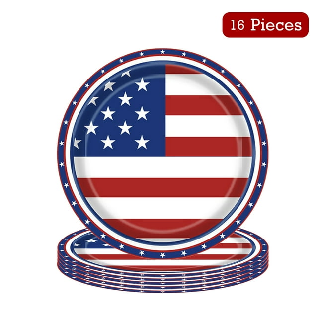 Twfbrm 16 Pcs 4th of July Paper Plates, 9" American Flag Pattern Disposable Plates, Food Grade Round Dessert Plate Red White and Blue Serving Dish Patriotic Party Supplies for Independence Day