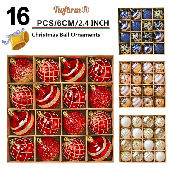 Twfbrm 16 Pcs Christmas Tree Balls Ornaments, 2.36" Blue & Gold Shatterproof Plastic Decorative Ball Pendants, 4 Style Glitter Xmas Tree Hanging Baubles Christmas Decorations for Home Party