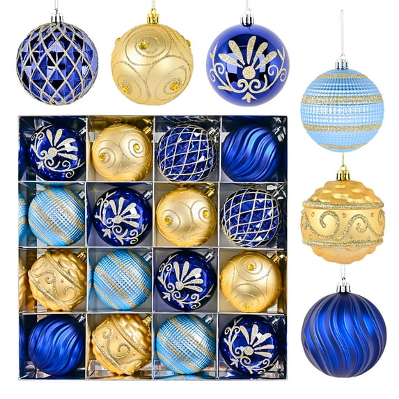 Twfbrm 16 Pcs Christmas Tree Balls Ornaments, 3.15" Blue & Gold Shatterproof Plastic Decorative Ball Pendants, 6 Style Glitter Xmas Tree Hanging Baubles Christmas Decorations for Home Party