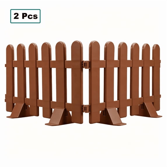 Twfbrm 2 Pcs Brown Plastic Garden Fence with Base, Decorative Landscape Border Flowerbeds Edging Panels, Weather-Resistant No Dig Outdoor Picket Fence for Yard Lawn Patio Pathways and Christmas Tree