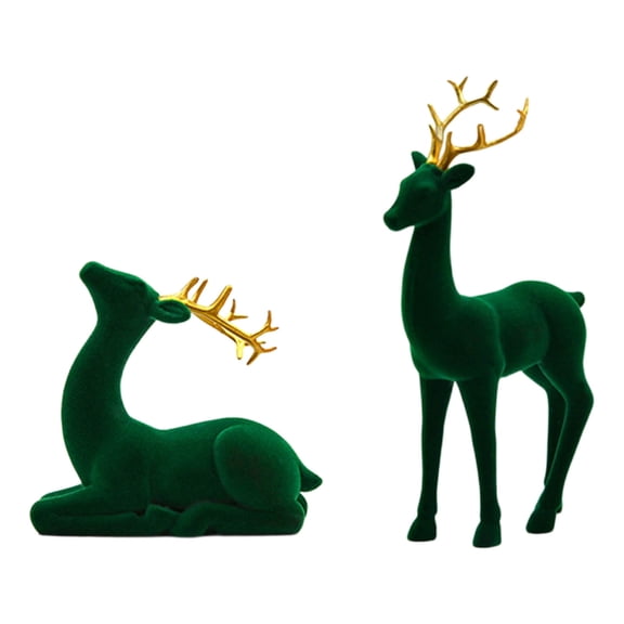 Twfbrm 2 Pcs Christmas Velvet Reindeer Figurine, Christmas Decorations Tabletop Flocking Reindeer Statues with Gold Antlers, Rustic Standing & Sitting Deer Sculpture Ornaments for Cabinet Fireplace