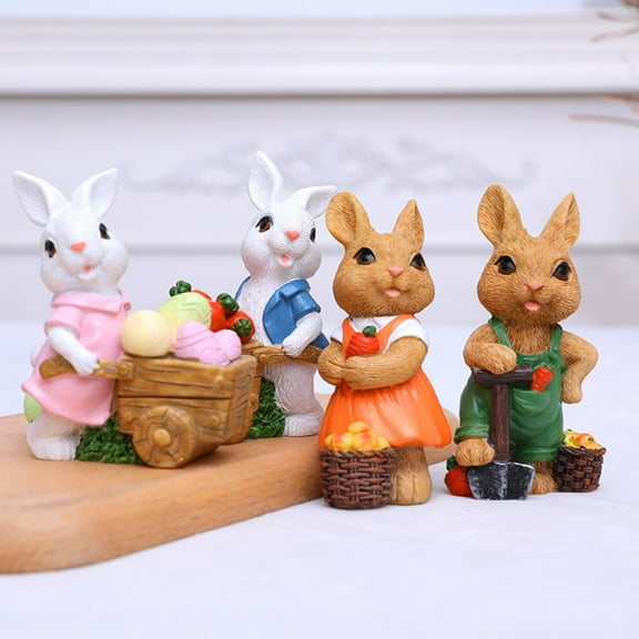 Twfbrm 2 Pcs Easter Bunny Decorations, 4 inch Resin Brown Bunny Couple Statue with Basket, Vintage Farmhouse Decorative Rabbit Figurine Handmade Animals Tabletop Ornament Spring Decor for Home Office
