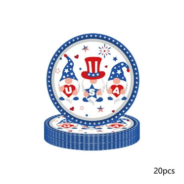 Twfbrm 20 Pcs 4th of July Paper Plates, 7" American Flag Gnome Pattern Disposable Plates, Food Grade Round Dessert Plate Red White and Blue Serving Dish Patriotic Party Supplies for Independence Day