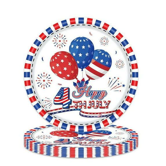 Twfbrm 24 Pcs 4th of July Paper Plates, 7" Star and Stripes Balloons Disposable Plates, Food Grade Round Dessert Plate Red White and Blue Serving Dish Patriotic Party Supplies for Independence Day