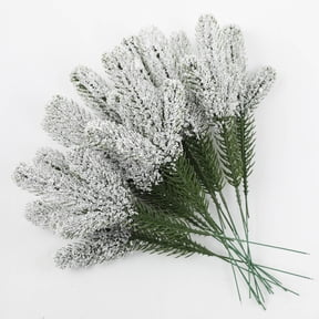 Twfbrm 24 Pcs Christmas Snow Frosted Pine Branches 10" Artificial Faux Fake Picks & Sprays White Tree Filler Branches Flocked Pine Needles Sprigs Stem for Christmas Decorations Craft on Clearance