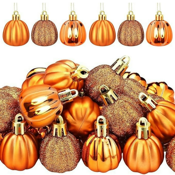 Twfbrm 24 Pcs Fall Pumpkin Hanging Ornaments, 1.2" Small Pumpkin Shaped Ball Pendants, 3 Style Glitter Shatterproof Pumpkin Baubles Thanksgiving Halloween Decorations for Tree Home Party Wedding