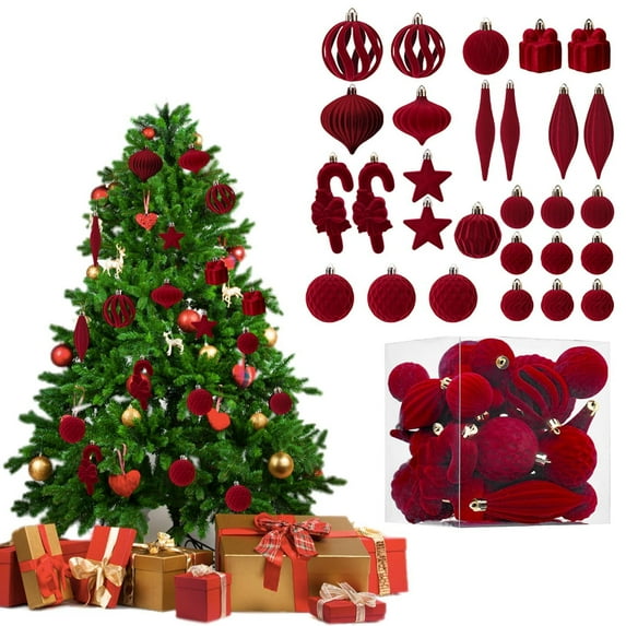 Twfbrm 28 Pcs Flocked Christmas Tree Ornaments Set, Assorted Shaped Shatterproof Decorative Balls Pendants, Elegant Xmas Tree Hanging Baubles Christmas Decorations for Party Wedding Holiday