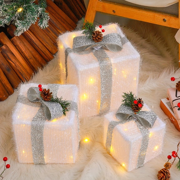 Twfbrm 3 Pcs Christmas Lighted Boxes, 48 LED Light Up Collapsible Deocr Indoor Outdoor, 8 Modes Battery Operated Light Up Xmas Boxes Present Christmas Decorations Yard Christmas Tree on Clearance