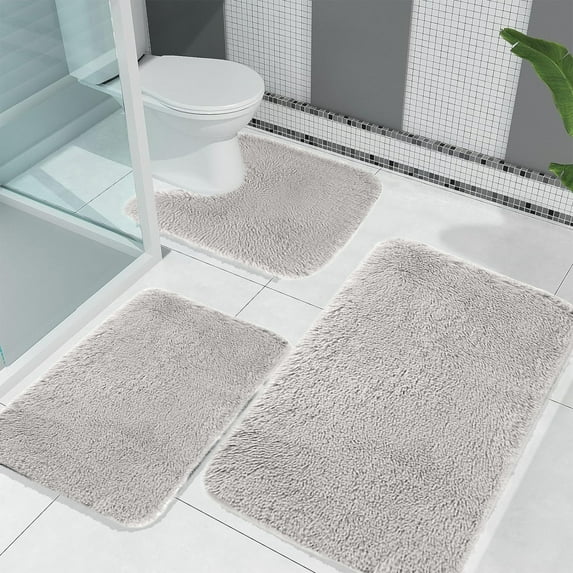 Twfbrm 3 Piece Bathroom Rugs Set, Fluffy Plush Bath Rug with U-Shape Toilet Rug, Super Soft and Absorbent Plush Floor Mats, Non-Slip Rubber Backing Quick Dry Shower Mats for Tub Toilet Bathroom