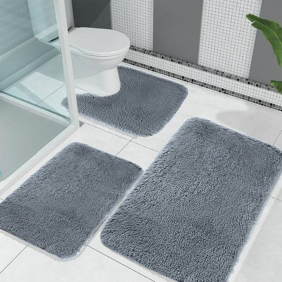 Twfbrm 3 Piece Bathroom Rugs Set, Fluffy Plush Bath Rug with U-Shape Toilet Rug, Super Soft and Absorbent Plush Floor Mats, Non-Slip Rubber Backing Quick Dry Shower Mats for Tub Toilet Bathroom