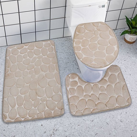 Twfbrm 3 Piece Cobblestone Bathroom Rugs Set, Memory Foam Bath Mats with Toilet Lid Cover and U Shape Toilet Rug, Non-Slip Rubber Backing Floor Mat Absorbent and Quick Dry Shower Mat for Tub and Floor