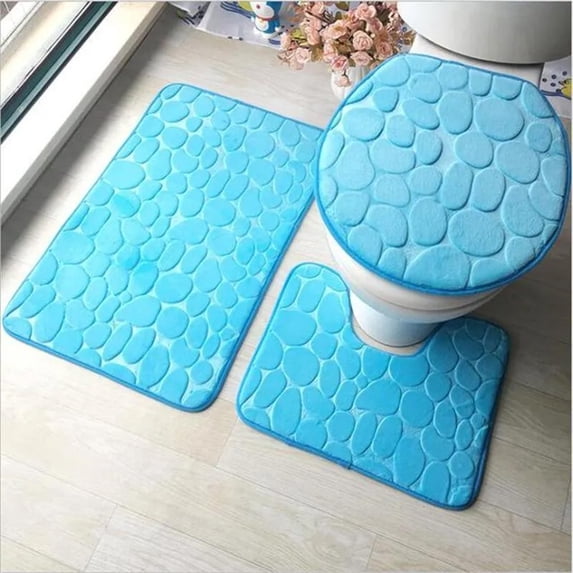 Twfbrm 3 Piece Cobblestone Bathroom Rugs Set, Memory Foam Bath Mats with Toilet Lid Cover and U Shape Toilet Rug, Non-Slip Rubber Backing Floor Mat Absorbent and Quick Dry Shower Mat for Tub and Floor