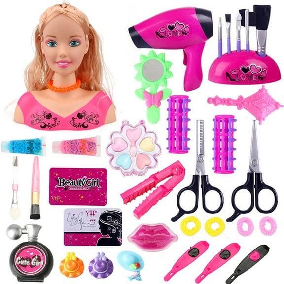 Twfbrm 35PCS Pretend Play Hair Styling Set Hair Styling Doll Head Makeup Kit for Girls with Hairdryer Curling Iron Hairpins Accessories Kit Birthday Gifts for 3 4 5 6+ Years Old Toy