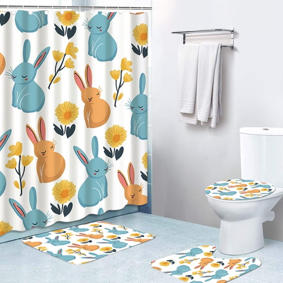 Twfbrm 4 Pcs Easter Bunny Shower Curtain Sets, Waterproof Fabric Shower Curtain with Non-Slip Bathroom Rugs, Toilet Lid Cover and U Shape Bath Mat, Spring Floral Bathroom Decorations for Holiday